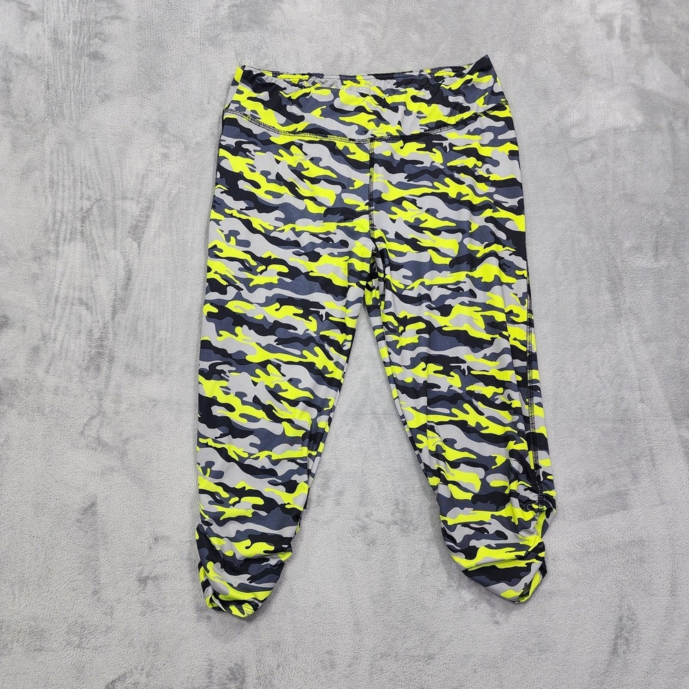 Hard Candy Sport Leggings Womens L Neon Yellow Gray Black Camo Ruched Crop Ankle